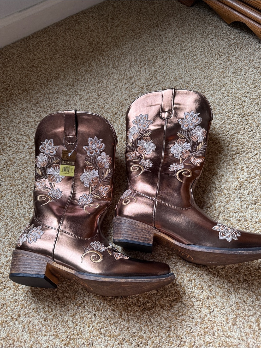 Metallic Copper gold Floral Embroidered Western Boots